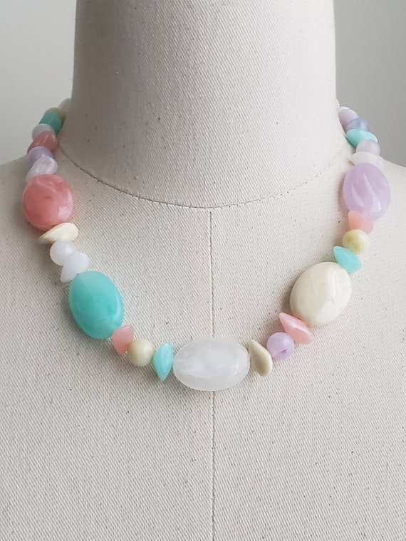 Vintage Marbled Pastel Chunky Beaded Necklace, Co… - image 1