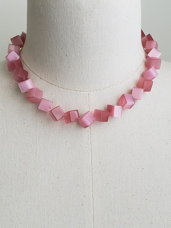 Vintage Pink Moonglow Glass Cube Beaded Necklace,… - image 1