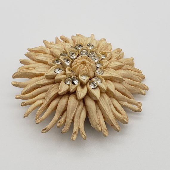 1930's Carved Beige Celluloid Floral Rhinestone B… - image 4