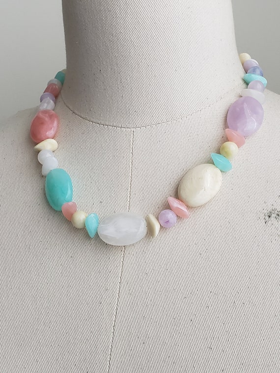 Vintage Marbled Pastel Chunky Beaded Necklace, Co… - image 2