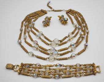 Spectacular Vendome Vintage Aurora Borealis Crystal Glass Five Strand Beaded Necklace And Bracelet Earring Gold Textured Link Jewelry Set