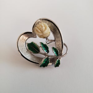 Vintage Beau Sterling Silver Heart Brooch Pin, 1960&#39;s Carved Celluloid Rose Heart Brooch, 60&#39;s Sterling Silver Celluloid Enamel Pin