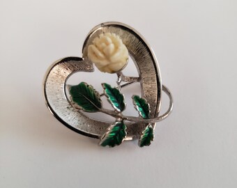 Vintage Beau Sterling Silver Heart Brooch Pin, 1960's Carved Celluloid Rose Heart Brooch, 60's Sterling Silver Celluloid Enamel Pin