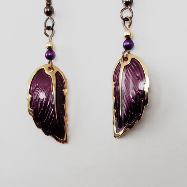 1980's Edgar Berebi Purple Gold Dangle Earrings, Vintage Plum Enamel Cloisonné Style Jewelry, 80's Feather Leaf Pierced Earrings