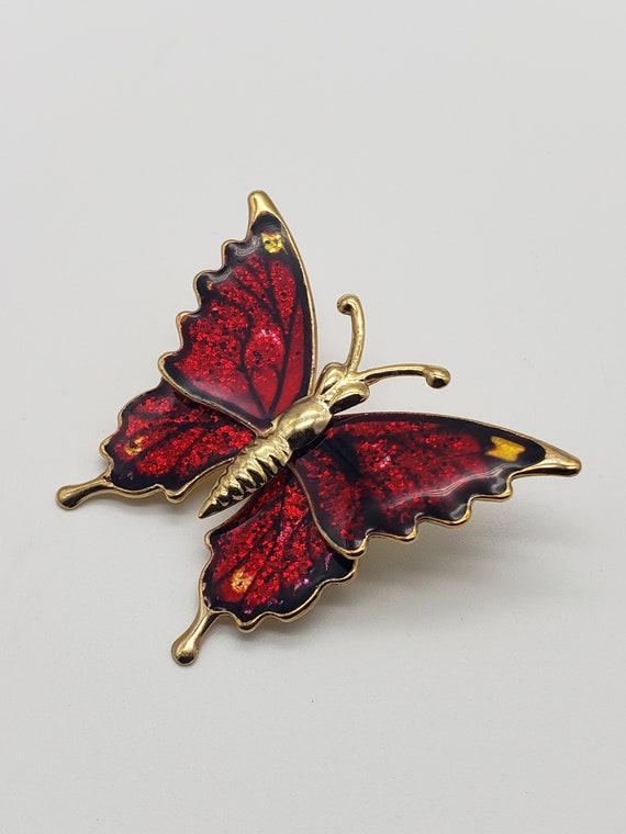 Vintage Red And Black Enamel Gold Figural Butterf… - image 3