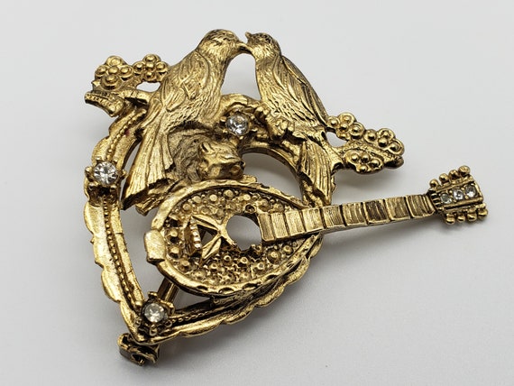 Vintage Gilt Art Nouveau Style Lovebirds Brooch, … - image 2