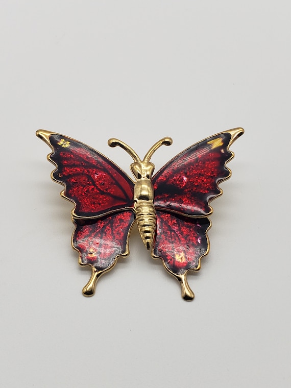 Vintage Red And Black Enamel Gold Figural Butterf… - image 1