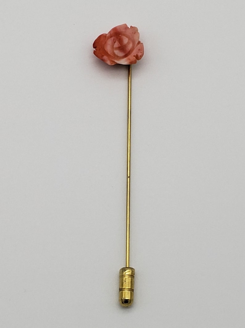 Antique Angel Skin Coral Rose Stick Pin Victorian Carved Flower Gold Filled Lapel Pin