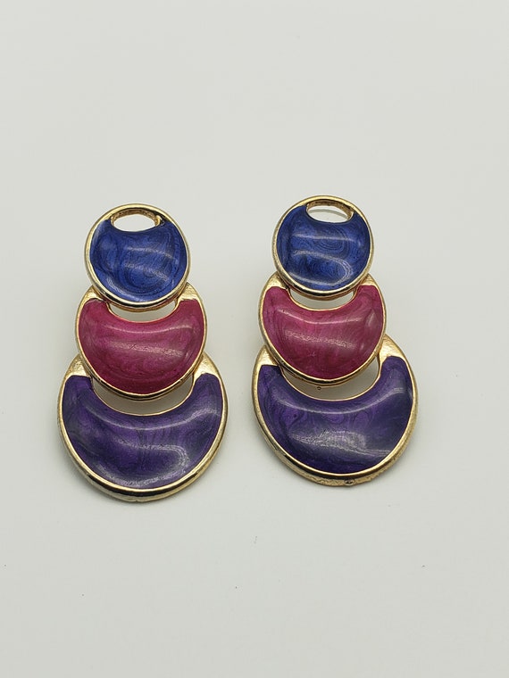 Vintage Blue Pink Purple Gold Enamel Dangle Drop E