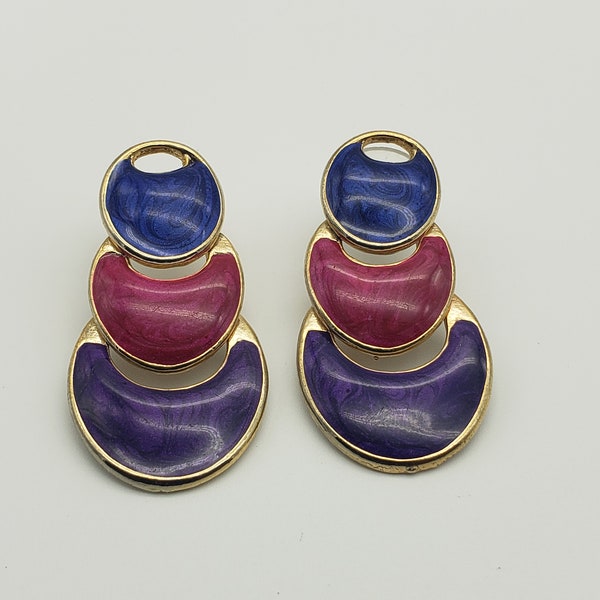 Vintage Blue Pink Purple Gold Enamel Dangle Drop Earrings, Swirly Purple Pink Blue Blue Enamel Gold Circle Push Back Earring Jewelry