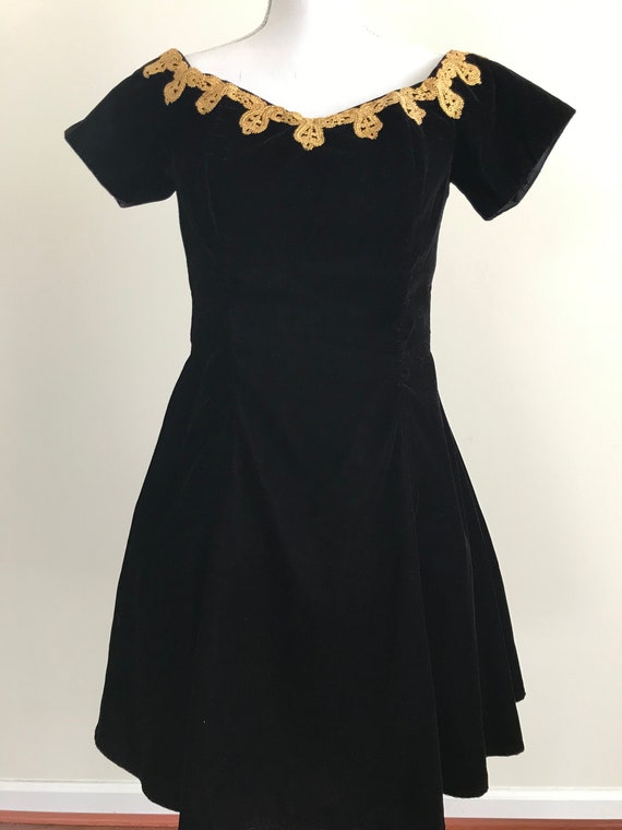 1990s RAMPAGE Black Velvet Gold Trim Dress, Vintag