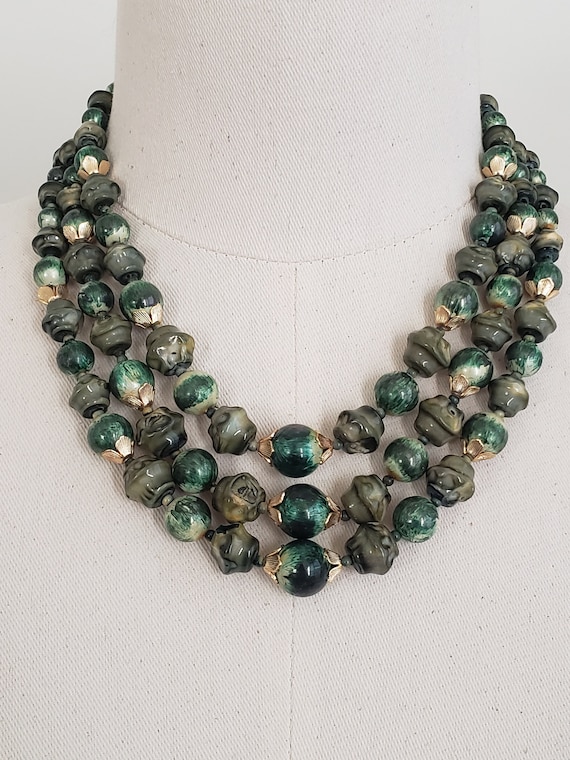 Vintage 1950's Triple Strand Marbled Green Lucite 