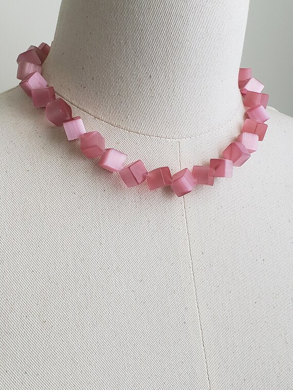 Vintage Pink Moonglow Glass Cube Beaded Necklace,… - image 3