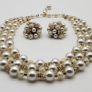 Vintage 1950s JAPAN Layered Three Strand White Faux Pearl And Sugar Bead Gold Wire Necklace Earring Jewelry Set, Wedding Bridal Jewelry
