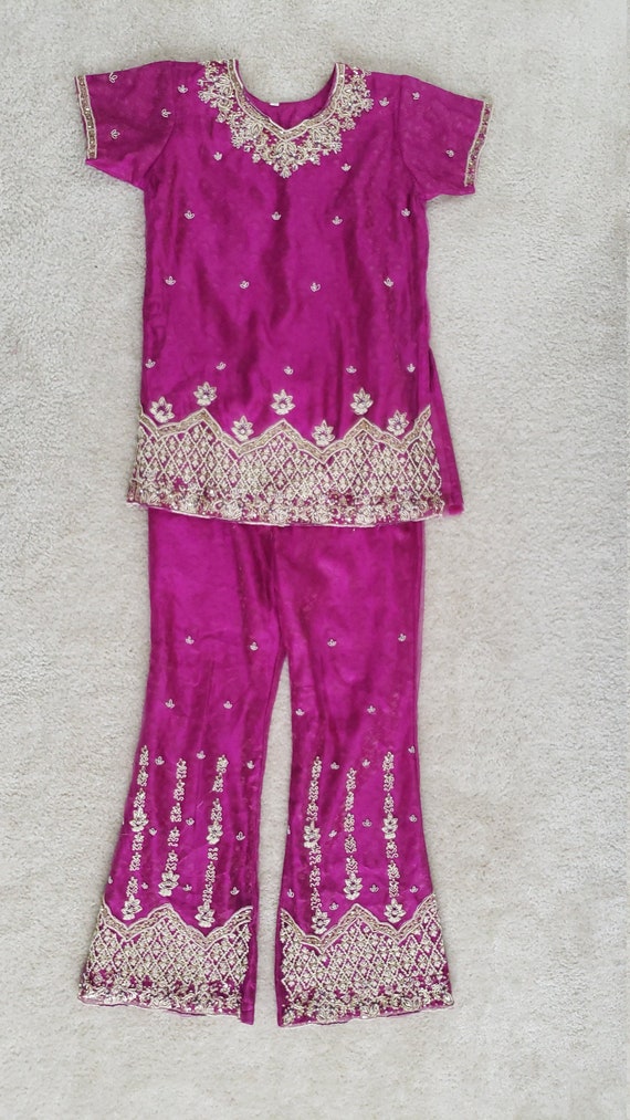 Magenta Hand Embroidered Beaded Net Palazzo Pant S