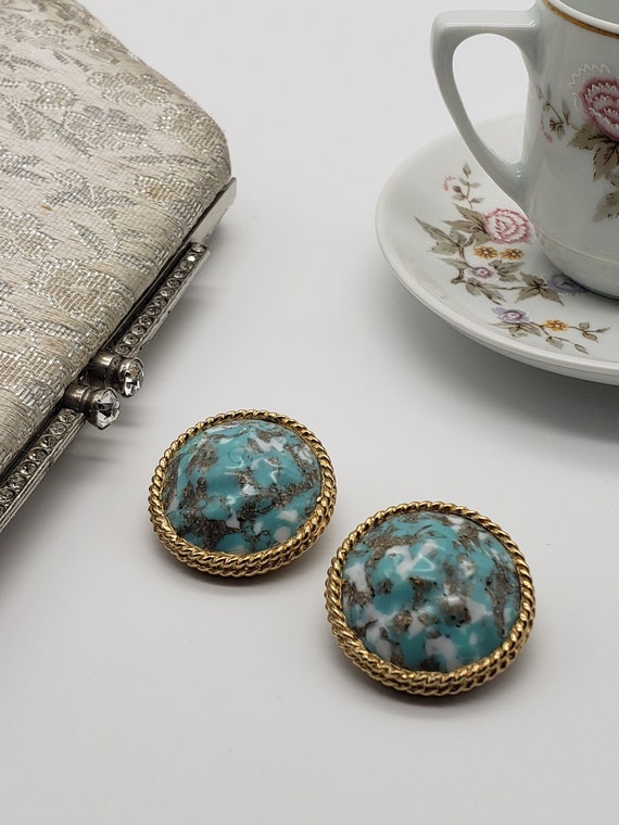 Vintage KRAMER Turquoise Art Glass Circle Earrings