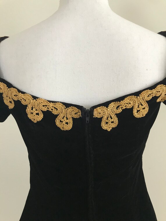 1990s RAMPAGE Black Velvet Gold Trim Dress, Vinta… - image 5