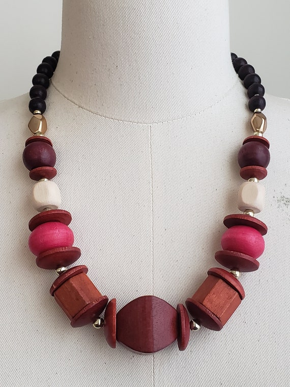 Vintage Plum Brown Pink Cream And Gold Wood Beaded