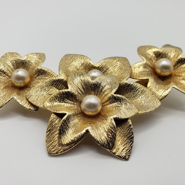 Vintage Sarah Coventry Large Ornamental Gilt Gold Floral Pearl Statement Brooch, Christmas Holiday Festive Brooch Pin Jewelry