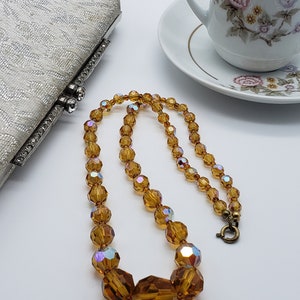 Vintage Topaz Aurora Borealis Crystal Necklace, Faceted Round Topaz AB Graduated Crystal Necklace Jewelry