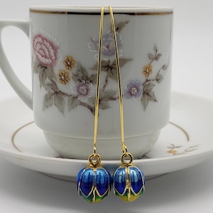 Cloisonné Lotus Dangle Drop Earrings, Blue Aqua Yellow Green Lotus Gold Marquise Ear Wire Hook Jewelry