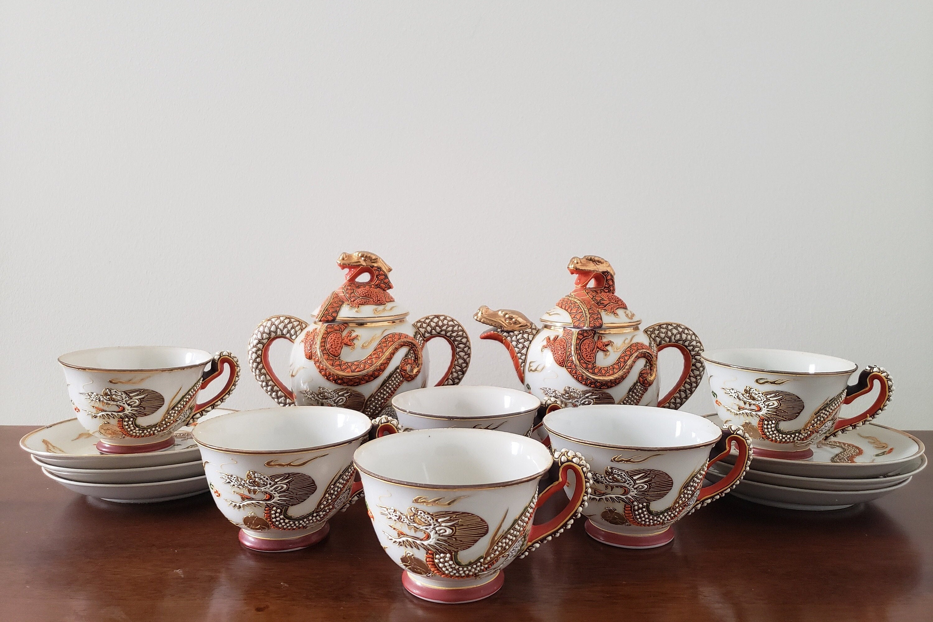 Japanese Dragonware Teacup & Saucer Set, Moriage Raised Dragon, - Ruby Lane