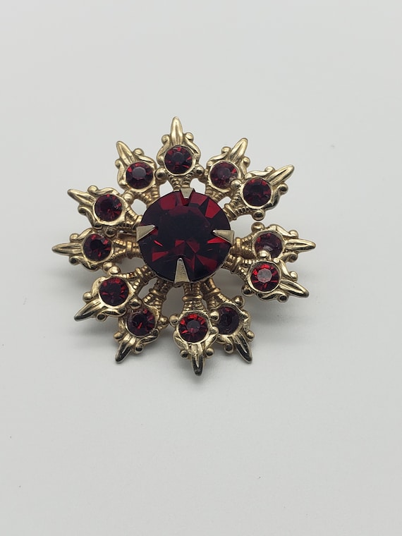 Vintage Ruby Crystal Starburst Brooch, Sparkling … - image 1