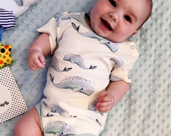 Artie - Whale Patterned White Baby Bodysuit / Romper