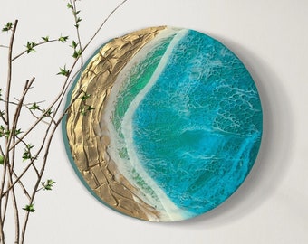Handmade Oceanscape Wall Decor with Crescent Moon | Unique Round Wall Art | Ocean Wall Art | 12 Inch Diameter | Beautiful Wall Hangings