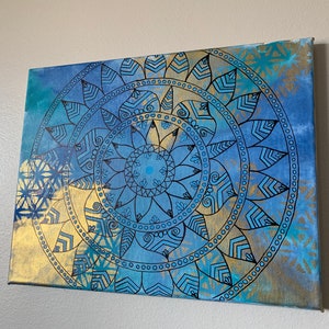 Blue and gold colour Hippie mandala art wall decor, bright coloured sacred geometry painting for your sacred space, metallic gold meditative
