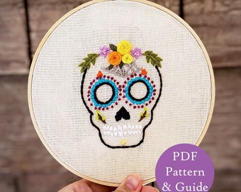 Sugar Skull Embroidery Pattern, Day of the Dead Embroidery, Hand Embroidery PDF, Floral Skull Embroidery Design, DIY Hoop, Spooky Gifts