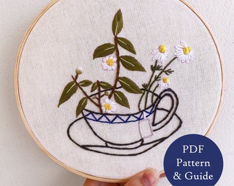 Teacup Embroidery Design, PDF Hand Embroidery Pattern, Floral Embroidery Pattern, Modern Embroidery, DIY Hoop Art, Embroidery Gift Ideas