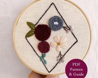 Rose Embroidery Pattern, PDF Hand Embroidery Unique, Floral Embroidery Design, Hoop Art Flowers, Embroidery Gift Idea, Geometric Embroidery