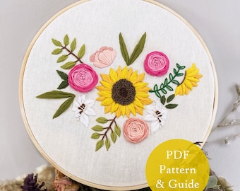 Sunflower Embroidery Pattern, Hand Embroidery PDF, Plant Design, Floral Embroidery, Embroidery Gift Idea, DIY Craft Project, Self Gift