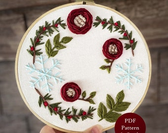 Winter Wreath Embroidery Pattern PDF, 2nd Anniversary Gift, Snowflake Embroidery Pattern, Embroidery Gift Idea, Beginners Embroidery