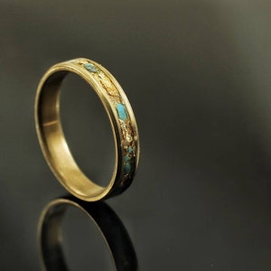 Gold Leaf Turquoise Valentines Ring: Brass Wedding Band