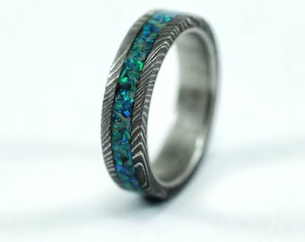 Damascus Steel Opal Ring: Galaxy Unisex Wedding Band