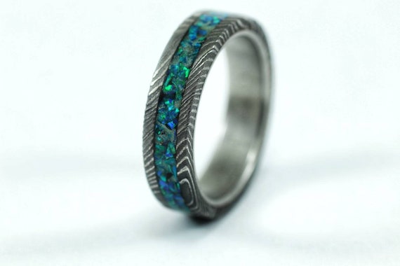 Damascus Steel Womens Minimalist Opal Ring Wedding Band Male | Etsy