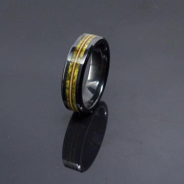 Black Ceramic Ring, Cannabis & Guitar String Inlay, 6mm