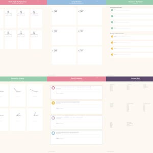 Op de afbeelding: Een digitale verzameling van wiskunde-oefenbladen voor groep 6 met diverse onderdelen zoals staartdelingen, breuken, decimalen vergelijken, meetkundige hoeken en tekstsommen, georganiseerd met kleurgecodeerde koppen en een antwoordsleutel.
