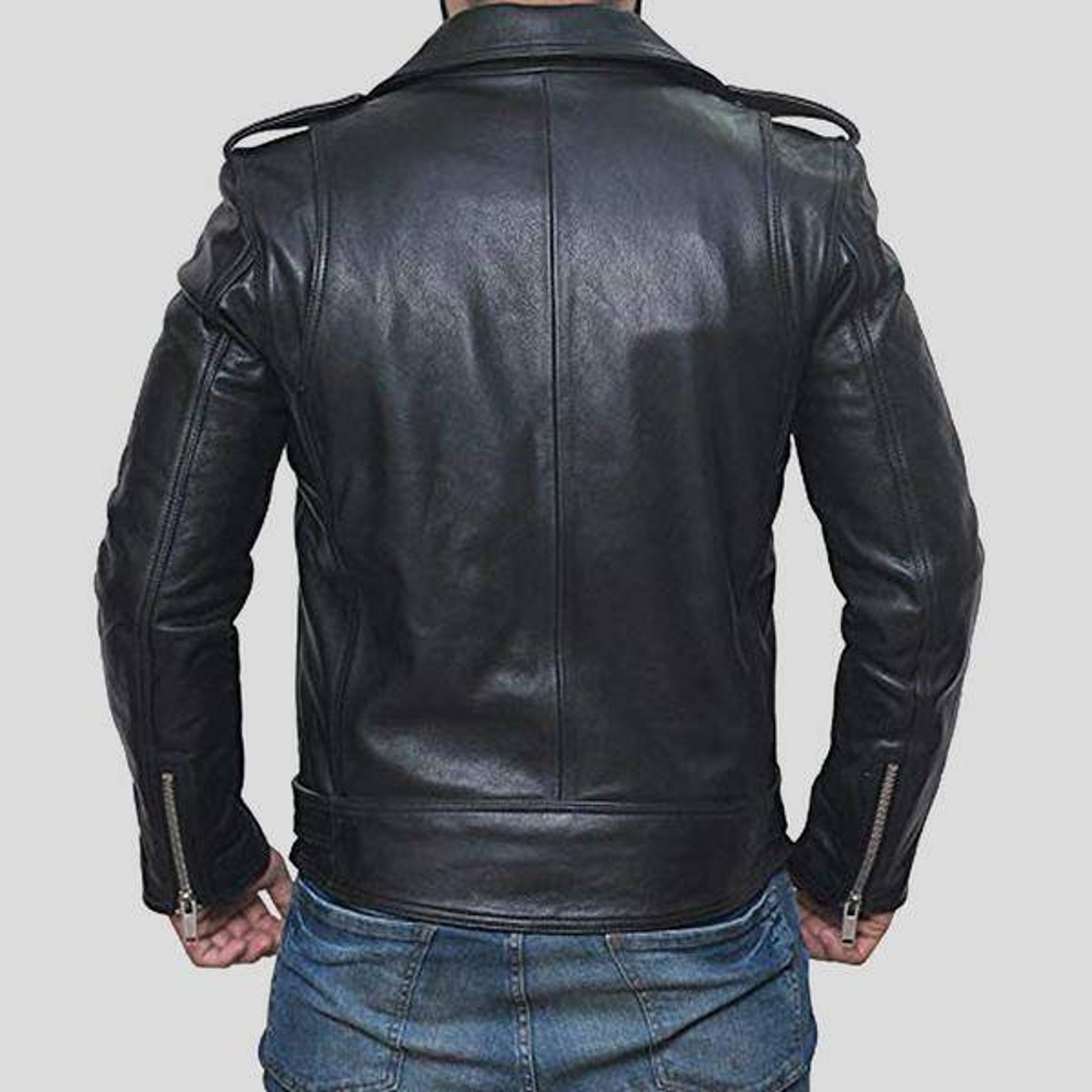 ALEC Black Biker Leather Jacket | Etsy