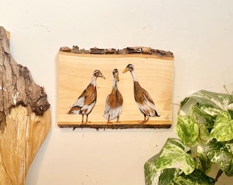 Runner ducks wood slice painting, original art, handpainted, uk wildlife.