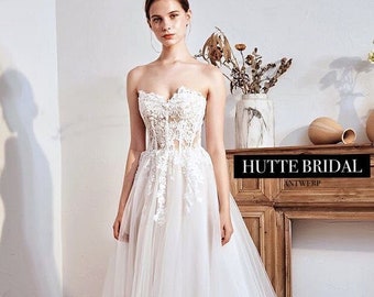 Strapless Lace A-line Wedding Dress| A-line Wedding Dress Tulle Skirt| Strapless Lace Bridal Gown| Airy Lace Wedding Dress