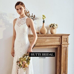 Lace Mermaid Wedding Dress with Illusion Neckline| Mermaid Bridal Gown with Front Slit| Mermaid Lace Wedding Gown| Lace Mermaid Dress