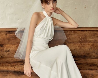 Satin wedding dress with halter neck| Satin elegant wedding dress| Unique halter neckline bridal gown| Satin bridal gown| Satin bridal gown