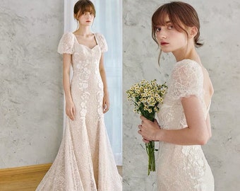 Robe de mariée sirène à manches bouffantes | Robe de mariée sirène | Robe de mariée classique en dentelle sirène | Robe de mariée sirène à manches bouffantes