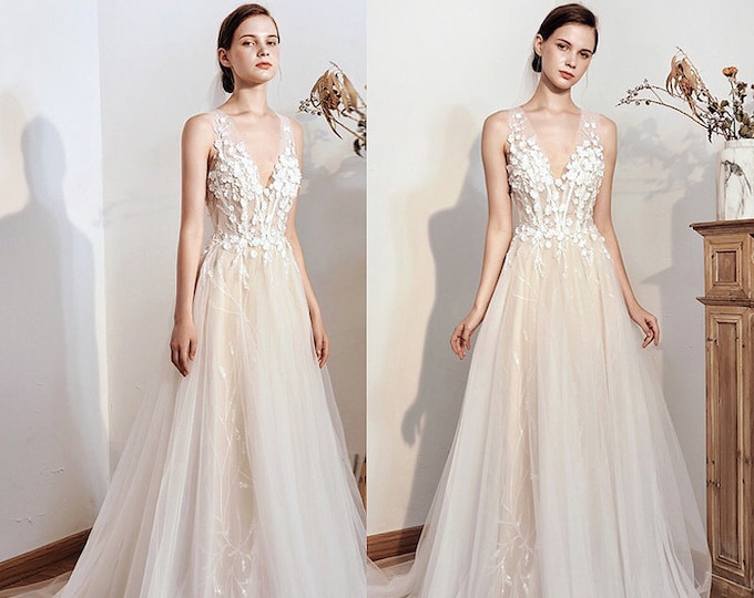 Floral Lace Aline Wedding Dress With Applique Lace Bridal Etsy