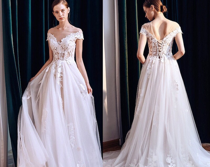 Off-the-shoulder Lace Appliqued A-line Dress Marigold