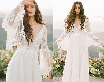 Bohemian Wedding Dress| Boho Bridal Gown with Delicate Lace| Stunning Boho Hippie Wedding Gown| Beach Wedding Dress| Bohemian Bridal Dress