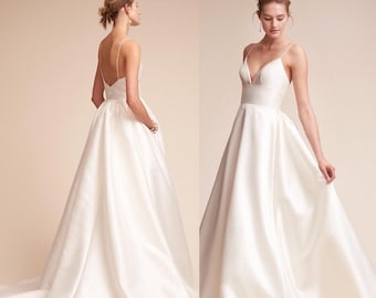 Satin A-line Wedding Dress| Spaghetti Strap Satin Bridal Gown| Elegant A-line Satin Wedding Gown| Minimalist Satin Wedding Dress